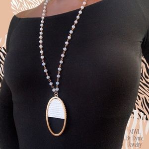 Gold & White Iridescent Beaded Necklace w/ Oval Beaded Pendant